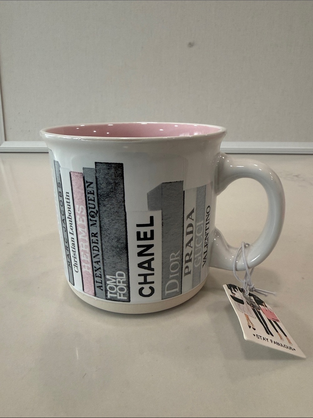 Gucci Bookstack Ceramic Mug - White Exterior, Pink Interior